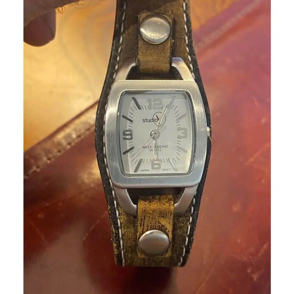Women's 25mm Brushed Metal Studio Y Watch, Brown Strap